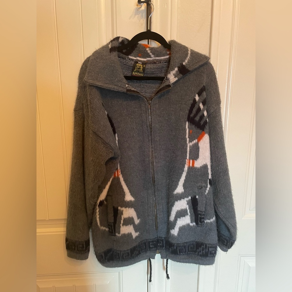 Ruminahui Gray Patterned 100% Wool Zip-Up Sweater Jacket XL